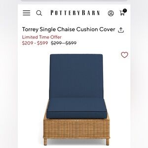 Brand new Pottery Barn Torrey Lounge Chair Slipcover- Sunbrella Navy